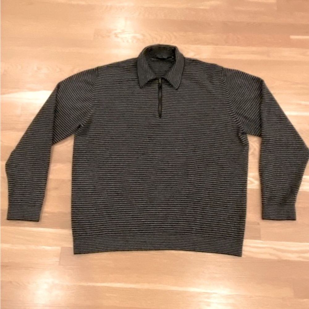 Arnold Brant Mens 1/4 Zip Lightweight Wool Sweater Black w Gray Stripe /Size XL
